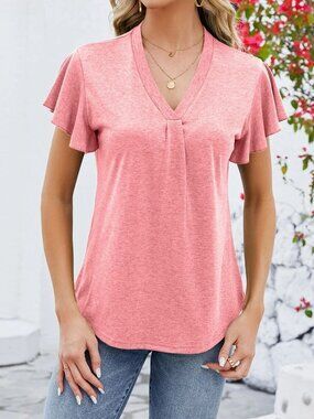 Gracyoga Coral Heathered Flutter Sleeve Gathered V Neck Cotton Tee Top Medium